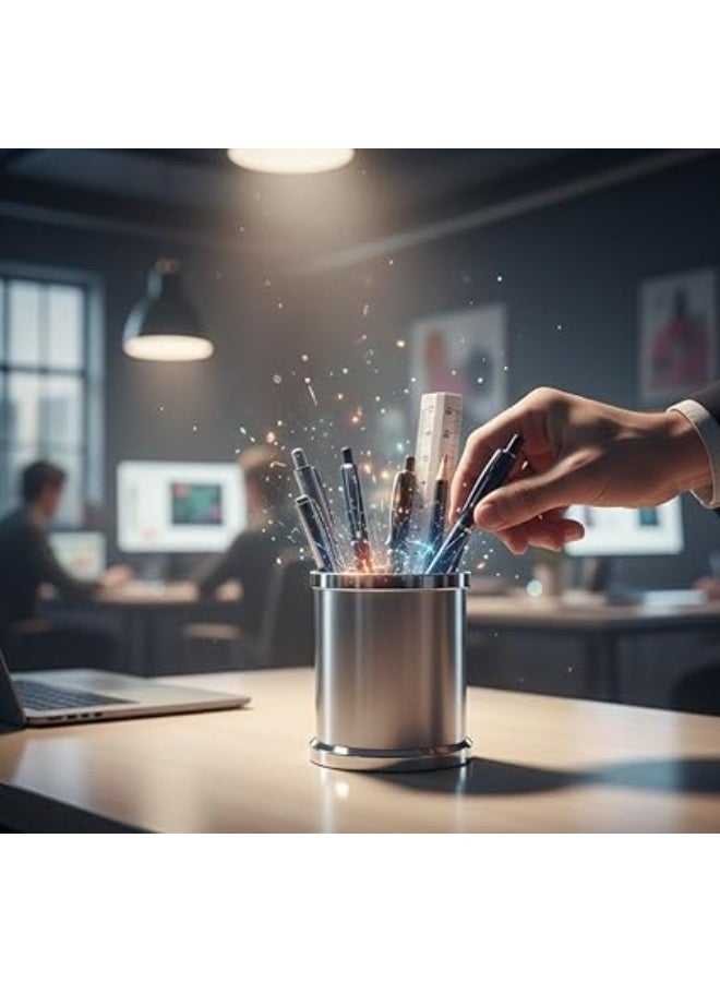 حامل أقلام مكتبي، منظم أدوات كتابة، تصميم أسطواني ،فضي مع حواف فضية،متعدد الاستخدامات مناسب للاستخدام في المكتب أو المنزل أو المدرسة لتنظيم الأقلام والمقصات والمساطر وغيرها من الأدوات - Image 3